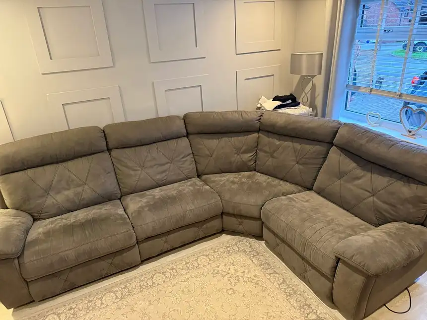 Taupe fabric corner recliner sofa with lighter, even nap after cleaning